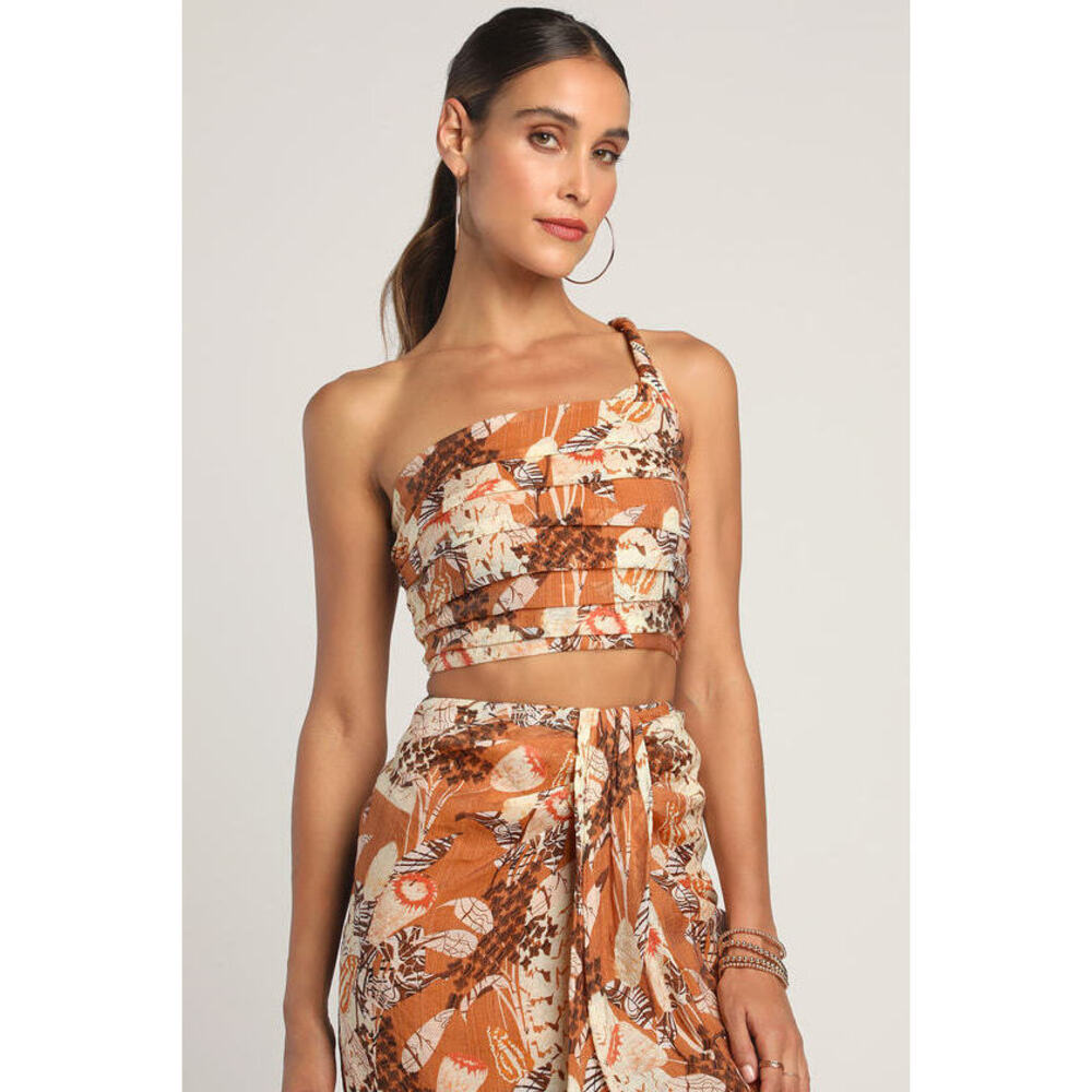 Lulus Something Wild Brown Multi Print Pleated One-shoulder Crop Top - Size S